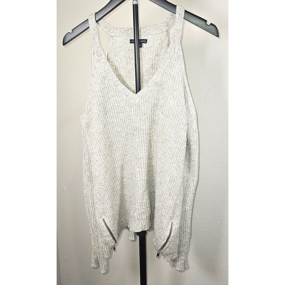 American Eagle Cold Shoulder Sweater Womens Medium Gray Knit V Neck Zip Hem Top